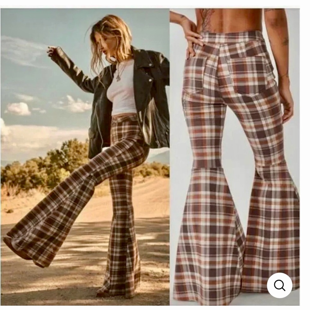 We The Free Plaid Flare Pants - Brown and Cream